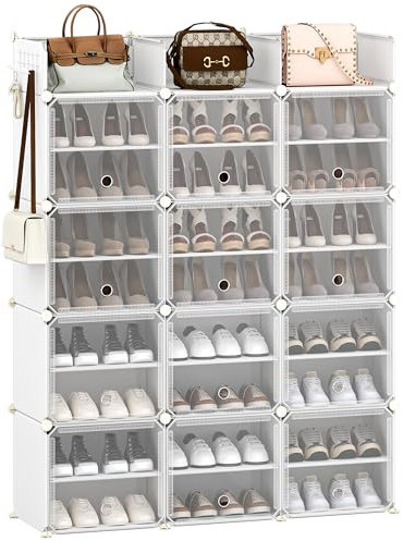 Hzuaneri Scarpiera, 12 Scarpiere con Ante e Ganci, Contiene 54 Paia di Scarpe, 36 x 125 x 161 cm, Panca Portascarpe in Plastica per Corridoio, Camera da Letto, Ingresso, Bianco Trasparente SR10903W