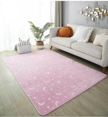 Leuchtteppich Einhorn Leuchtender Wohnzimmerteppich Mond Sterne Kinder Schlafzimmer Nachttischteppich Baby Spiel Krabbelmatte Kindergarten Kinderzimmer Deko kinderteppich (Farbig 1, 60x100 cm)