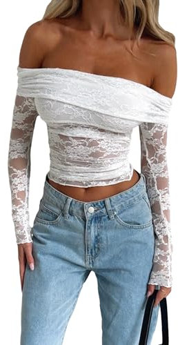 Y2k Long Sleeve Lace Crop Top Fairy Grunge Tee Shirt Patchwork Slim Fit T-Shirt Cute Kawaii Aesthetic Streetwear Fake 2 Piece Tops (White Off Shoulder, S)