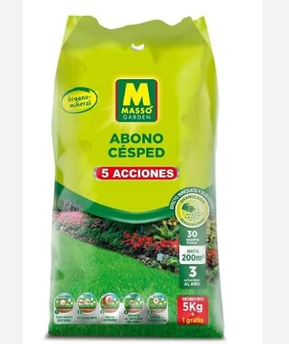 Abono para cesped 5 acciones 6kg - Masso. Abono órgano-mineral de rápida y lenta asimilación. Aumenta la fertilidad del suelo. Efecto anti-musgo.