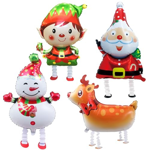 4 Stück Weihnachten Folienballon,Weihnachten Walking Folienballons,Weihnachtsmann Schneemann Rentiere Elfen Luftballons,Partydeko Ballons Weihnachtsfeier Party Dekoration 1