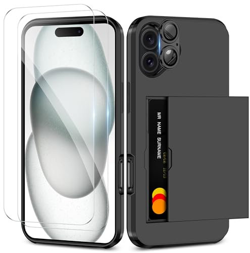 Coolden for iPhone 16 Case with Card Holder & 2 Screen Protector + 1 Camera Lens Protector Full Body Heavy Duty Protective Case Armor Shockproof Wallet Case Cover for iPhone 16 Phone Case-Black
