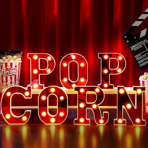 Aurelema Popcorn Light up Letters Sign Party Decorations Battery Powered Marquee Lighted Sign LED Alphabet Letter Lights for Night Party Tabletop Decor Supplies