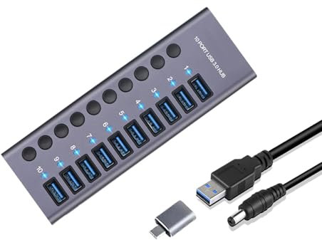 Balabaxer 10-Port Aluminium USB 3.0 Hub with 10-Port Data Transfer, 72W (24V/3A) Power Adapter, USB Splitter with Individual Switches