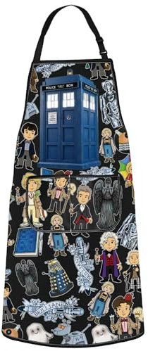 WZMPA Dr. Who Verstellbare Schürze mit Taschen, William & Patrick Doctor Fans, Geschenk, Polizeibox, Küchenschürze, Polizeibox, Merch, Schwarz, M