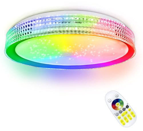 AufuN 60W LED Deckenleuchte Dimmbar mit Fernbedienung Wohnzimmer Lampe, RGB Farbwechsel Sternenhimmel LED Rund Deckenlampe, Einstellbar für Schlafzimmer Küche Kinderzimmer Wohnzimmer (Tye E)