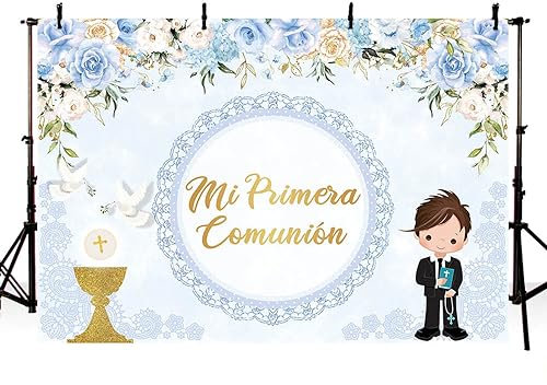 AIBIIN Toile de fond Mi Primera de 2,4 x 1,8 m pour garçons avec inscription « God Bless First Holy Communion » - Pour photographie de communion - Motif calice colombes bleues - Décoration de fête -