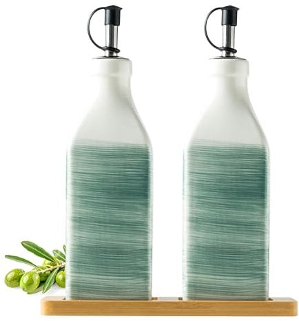 Miamolo Ceramic Olive Oil Dispenser Bottle, 12oz/350ml, Kitchen Cooking Oil & Vinegar Dispenser Set with Tray & Pour Spout