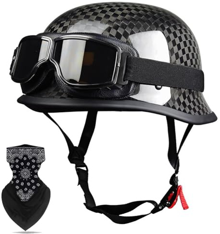 Labzaa German Style Carbon Fiber Halbschalenhelm mit ECE, Retro Cap Half Face Shell Motorradhelme mit verstellbaren Schnellverschluss & Schutzbrillen für Erwachsene Männer Frauen A XXXL