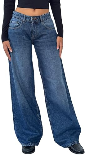 Fiacafyo Womens Y2K Low Rise Baggy Jeans Straight Wide Leg Boyfriend Trousers Casual Loose Fit Denim Pants Streetwear (C-Royal Blue, M)