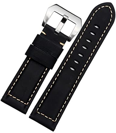 AHGDDA 20mm 22 mm 24 mm 26 mm echter Leder Retro Man Uhrenband für Panerai PAM111 441 Kaufmanns -Wachband -Handgelenksgurt(Black silver,24mm)