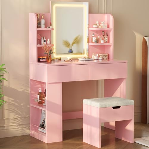 Devoko Dressing Table with Stool,Vanity Desk Set,Makeup Table with Adjustable Brightness LED Mirror,2 Drawers,4 Storage Shelves, Bedroom Furniture 90 x 40 cm,Pink