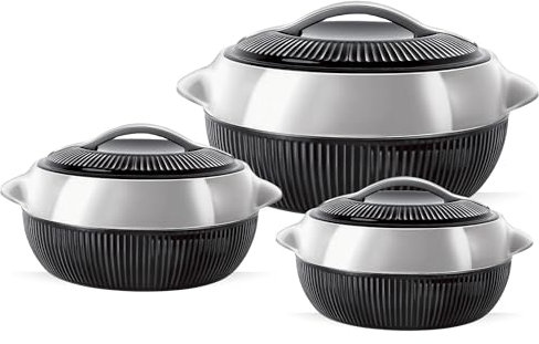 Fiesta Insulated Casserole Set | Hot Pot Set with Lid Thermal Food Containers Set | Hot Pot Food Warmer for Soup/Salad | 3-Pcs Serving Dishes (Black-Silver)