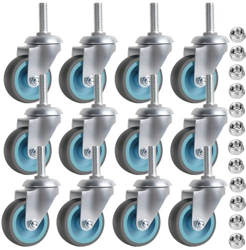 IQWTU Möbelrollen M10×30mm, 12 Stück Lenkrollen Schwerlast 50mm, Rollen für Möbel mit 360-Grad-Rotation, Gummi Transportroller Schwerlastrollen 50kg pro Rad