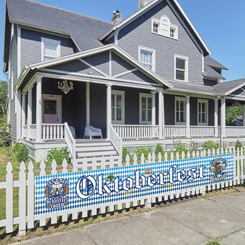Oktoberfest Banner Deko, 300CM×50CM Bayerische Oktoberfest Party Banner Dekoration Blau-Weiß mit Girlande, Oktoberfest Indoor Outdoor Party Dekoration für Bierzelten Garten München Bier Festival