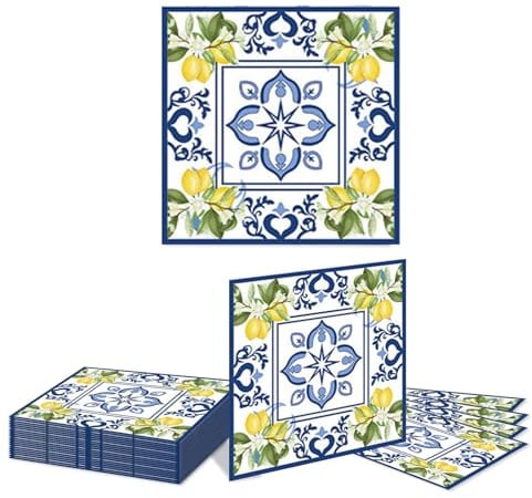 Kotkiddy 20 Stück Fliesen Zitronen Papierservietten Zyanblau Gelb Mittagstisch Servietten Aquarell Zitronen Einweg Dinner Servietten