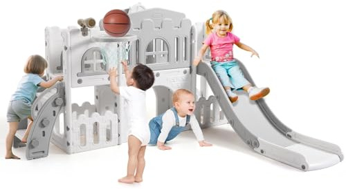 Kids Slide, 8 In 1 Large Toddler Slide Playground With Basketball Hoop, Climber, Telescope, Tunnel and Storage Space,Outdoor Indoor Slide for Toddlers age 2-8(Grey)