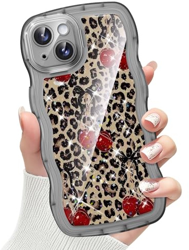 CASBST Compatible with iPhone 13 Case for Women, Cute Curly Wave Frame with Bling Glitter Butterfly Pattern, Full Camera Protection, Slim TPU Aesthetic Clear Phone Case for iPhone 13, Leopard Cherry
