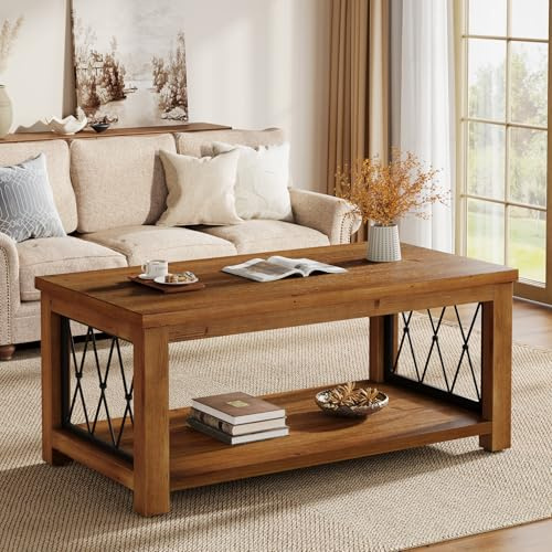 TRIBEWOOD Couchtisch Massivholz 120 cm, Rechteckiger Wohnzimmertisch im Landhausstil, 2-Stufiger Sofatisch mit Metallrahmen, Stabiler Kaffeetisch für Wohnzimmer, Büro