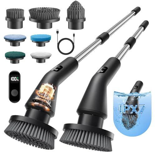 Leebein Electric Spin Scrubber, 2026 Upgraded Electric Cleaning Brush, IPX7 Waterproof Shower Scrubber with 7 Brush Heads, Extendable Long Handle and 2 Speeds Scrubber for Bathroom Floor Kitchen