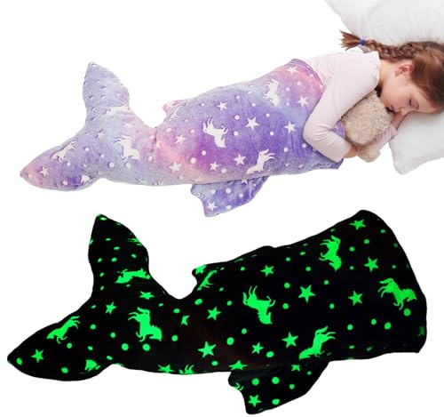 KEGAJEGA 2 Stück Meerjungfrauenflosse Mädchen Decke Flanell 112x58x42cm Meerjungfrau Decke im Dunkeln Leuchtend Meerjungfrauen Kuscheldecke Kinder Weich für Baby Kinder Mittagsschlaf
