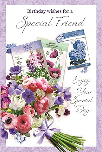 Special Friend Birthday Card - Pink White Lilac Flowers & Silver Foil 7.75x5.25