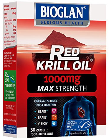Bioglan Red Krill Oil Max Strength 1000 mg, high in Omega-3 Fish Oil, EPA & DHA help to support your Heart, Eye and Brain health, one month supply – 30 capsules