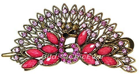 Schöne Haarspange Pfau Vintage-Look aus Metall Strass & Acryl rosa pink gold 5682a