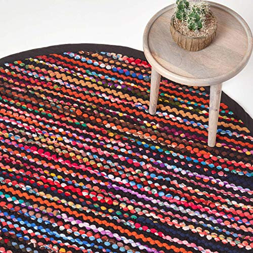 Homescapes Runder Flickenteppich Folk 150 cm, bunt gestreift und handgewebt im Chindi-Stil, Flachgewebe aus Recycling-Material, jeder Teppich EIN Unikat