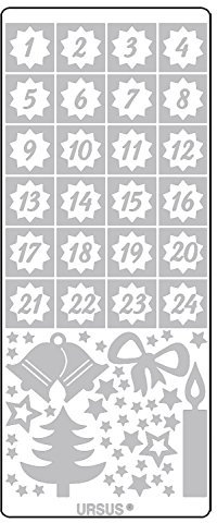 Ursus 593100125 - Kreativ Sticker Adventskalender, Weihnachtsmotiv silber, 5 Stickerbögen mit Zahlen von 1 24, selbstklebend, leicht abziehbar, zum Nummerieren von selbstgemachten Adventskalendern