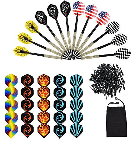 Dartpfeile, OIZEN Soft Dartspfeile 12 Stück Dartpfeile Plastik Spitze Set für Elektronische Dartscheibe Brass Darts mit 30 Flights und 100 Tips