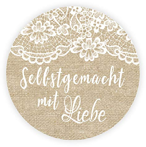 100x Burlap und Lace Effekt Papieraufkleber - Selbstgemacht mit Liebe 4 cm Stickers Etiketten,für Hochzeit,Gastgeschenk,Taufe,Weihnachten Giveaways,Marmelade,Keksdosen,Papiertüten,Flaschen - UNI 704