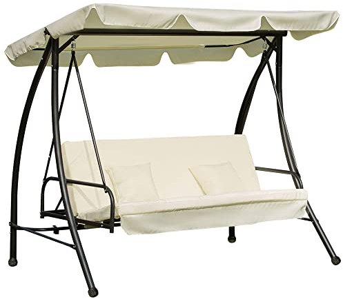 Outsunny 3 Seater Swing Chair 2-in-1 Hammock Bed Patio Garden Swing Seat Bed with Adjustable Canopy and Cushions, Cream
