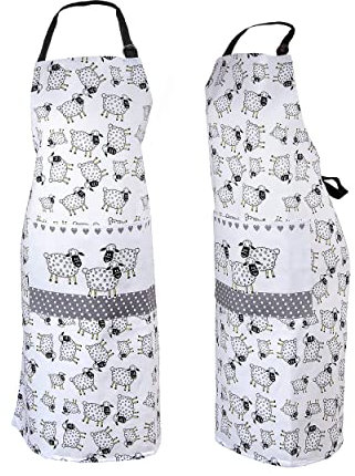 SPOTTED DOG GIFT COMPANY Kochschürze Damen, Küchenschürze mit Schafmotiv 100% Baumwolle, Schürze Verstellbar mit Tasche, Schaf Küchenzubehör und Deko, Geschenk für Tierliebhaber Frauen Männer