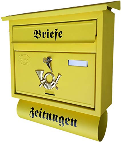 Großer Briefkasten/Postkasten XXL Gelb matt mit Abnehmbarer Zeitungsrolle Flachdach Katalogeinwurf Zeitungsfach (Gelb)