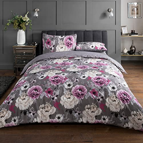 Sleepdown Bettwäsche-Set mit Blumenmuster, 135 cm x 200 cm + 1 Kissenbezug 80 cm x 80 cm, Grau, Polycotton, 135 x 200cm + 1 x 80 x 80cm
