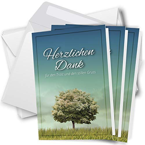 Danksagungskarten Trauer – 10 Klappkarten mit Umschlägen – Motiv: Baum – Trauerkarten Danksagung mit Text – Dankeskarten Trauer nach Beerdigung