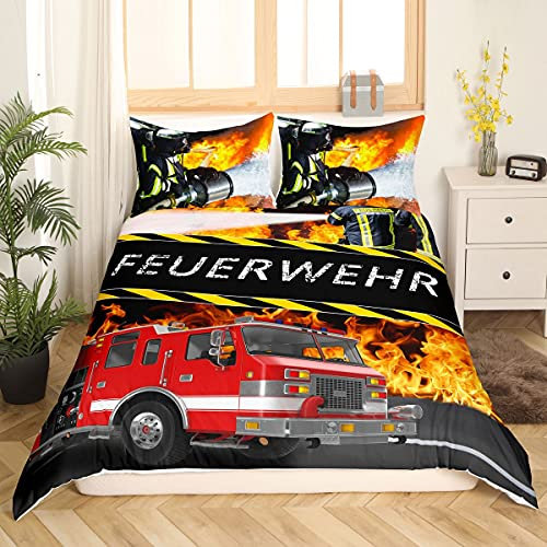 Loussiesd Feuerwehr Themen Bettwäsche-Set,Feuerwehrwagen Bettwäsche 155x220cmfür Jungen Kinder Jugendliche Zimmer Dekorativ Fahrzeug-Auto-Bettbezug-Set,Coole Feuerwehrmänner Bettwäsche