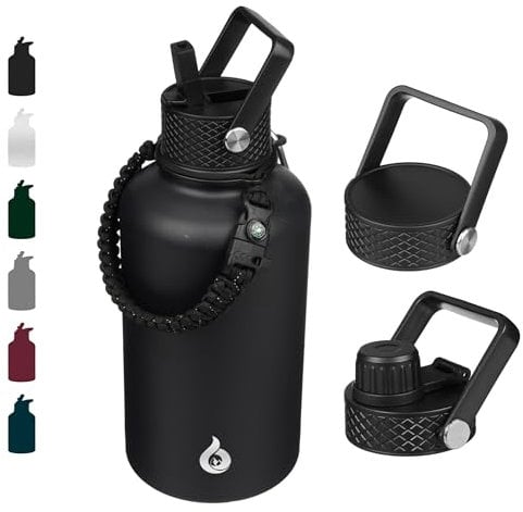 BJPKPK Half Gallon Insulated Water Bottles with Straw Lid, 64oz Large Water Jug, Stainless Steel Cups with 3 Lids and Paracord Handle, Thermos for Hot & Cold Liquid, Black