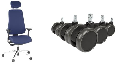 hjh OFFICE 608410 Profi Bürostuhl PRO-TEC 400 Stoff Blau Drehstuhl ergonomisch & 619010 5X Hartbodenrollen für Bürostuhl ROLO Stift 11 mm/Rolle 65 mm Drehstuhl Rollen für Hartböden