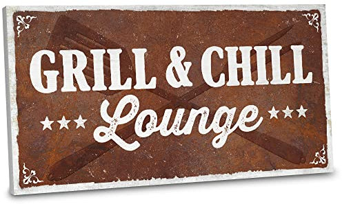 ARTFAVES® Gartenschild - Grill & Chill Lounge | Shabby Chic Vintage Gartendeko, Schild mit Spruch zum Thema Garten/Grillen/Rost Optik | Größe: 30 x 15 cm
