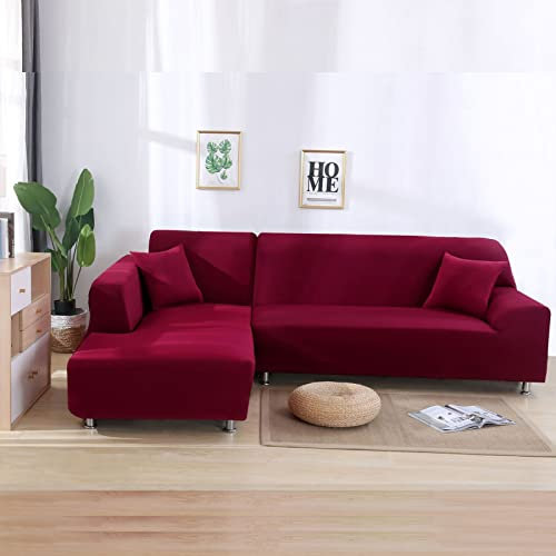 Ecksofa-Schonbezüge, L-förmige Stretch-Sofabezüge, Rutschfester Sofabezug für Haustiere, Kinder, Ecksofa-Bezüge, Möbelschutz – für Wohnzimmer, weinrot, 4 + 4 Sitze (4 + 4 Sitze)