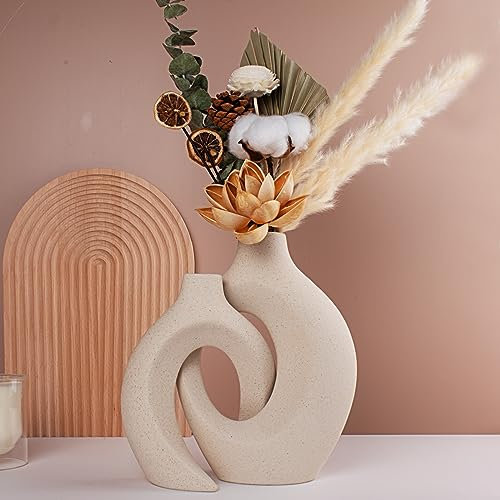 Fengaim 2-in-1 Ceramic Vase for Flowers, White Donut Vase for Pampas Grass, Modern Nordic Minimalism Style Vase Hollow Irregular Vase for Living Room Bedroom Kitchen Office Bookshelf Wedding Decor