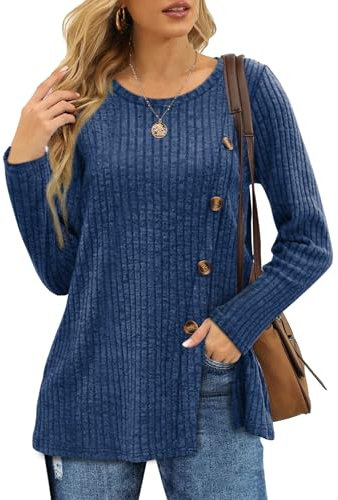 Aokosor Womens Long Sleeve Tops Ladies Lightweight Jumpers Button Front Slit Tunic Dark Blue Size 14-16