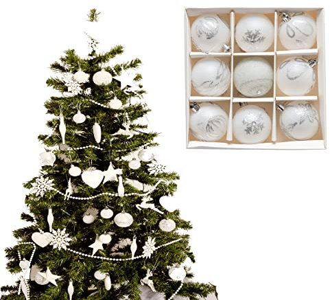 9pc Luxury Premium Baubles, Christmas Tree Bauble Decorations Matte, Glitter, shiny & Frosted (6cm) (White)