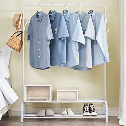 Vivo Heavy Duty Metal Clothes Hanging Rail Clothes Rails 8 Hook Clothing Coat Dress Shirt Garment Stand with Double Shoe Rack Shelf White