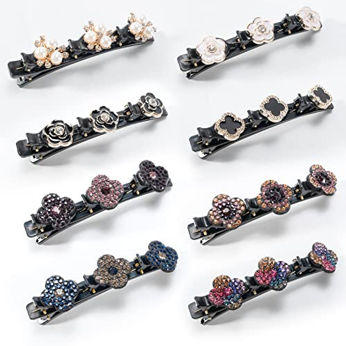 ChouchouClip 8 Pièces Barrette à Cheveux Latérale à Trois Fleurs, Accessoires De Cheveux Cadeau pour Femme, Pinces à Cheveux Tressées en Pierre de Cristal Etincelante pour Fille