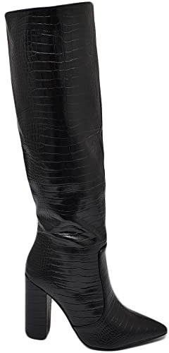 Malu Shoes Stivali donna nero a punta tacco doppio 10 cm lucido altezza ginocchio rigido stampa coccodrillo con zip moda (39 EU)