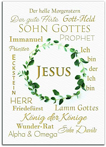JESUS Poster Bild „Die Namen Jesus“ christliche Geschenk-Idee Bibel - Kunstdruck mit goldener Schrift (DIN A3 mit Rahmen)