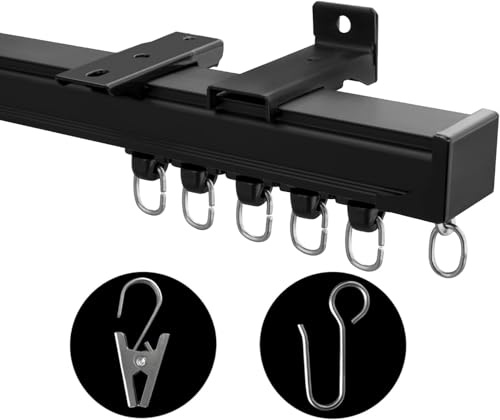 MaKefeile Vorhangschiene, Deckenmontage, Raumteiler, Sichtschutz-Trennwand, Stange, strapazierfähig, Wohnmobil, Dusche, Outdoor, Clip-Set, Schwarz, 0,9–5,5 m